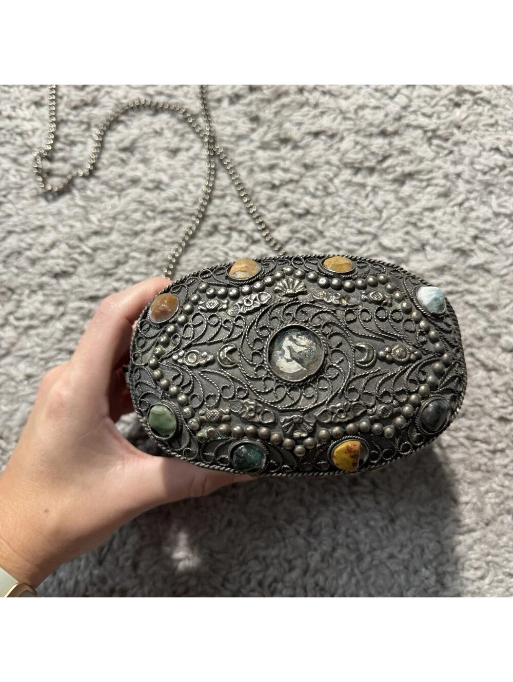 Vintage Sajai Metal Crossbody Purse with Natural Agate Stones Chain Strap